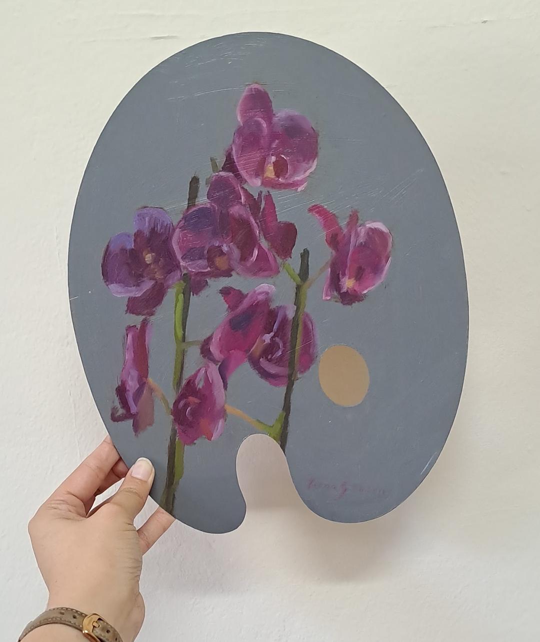 Beautiful orchid gift, oil on primed palette, 2023