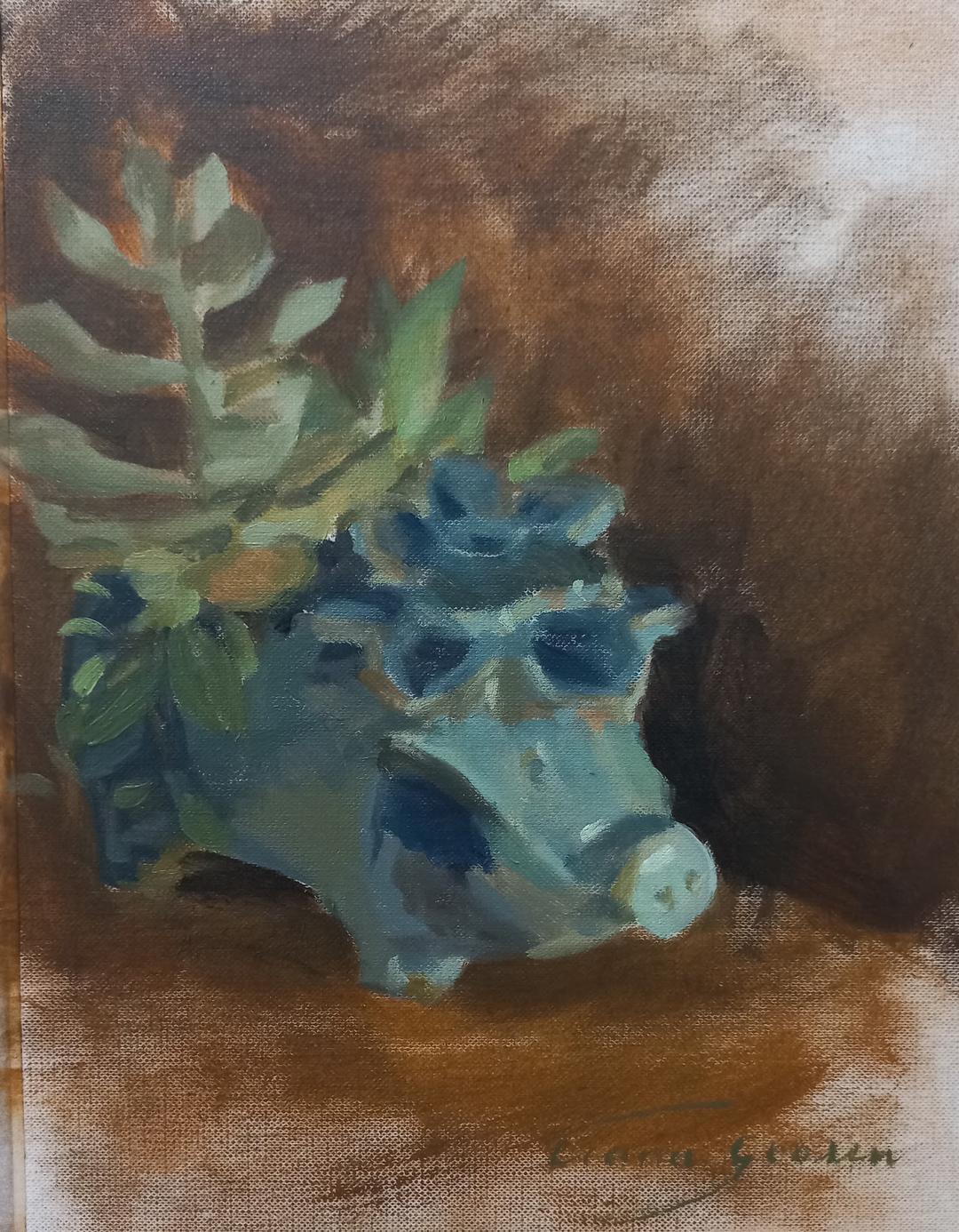 Ceramic pig with succulents, oil on canvas, 2023