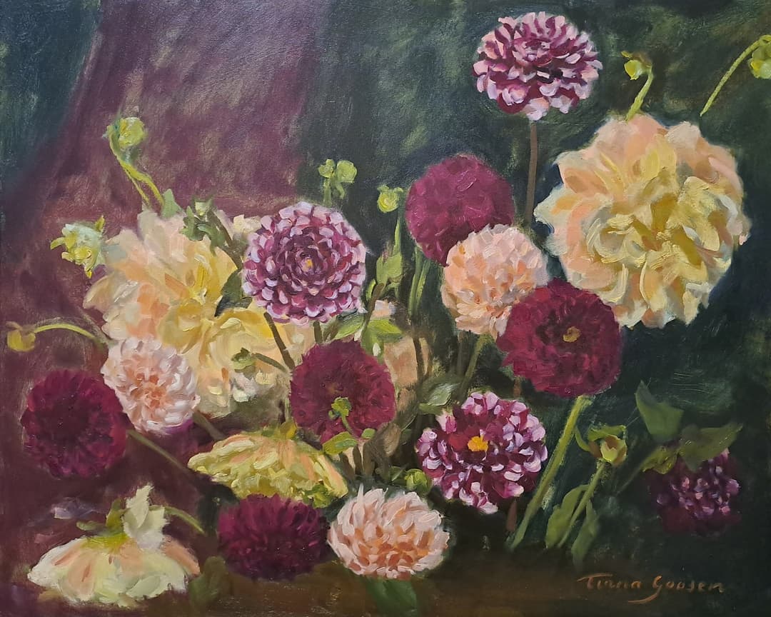Dahlia delight, oil on canvas, 2024