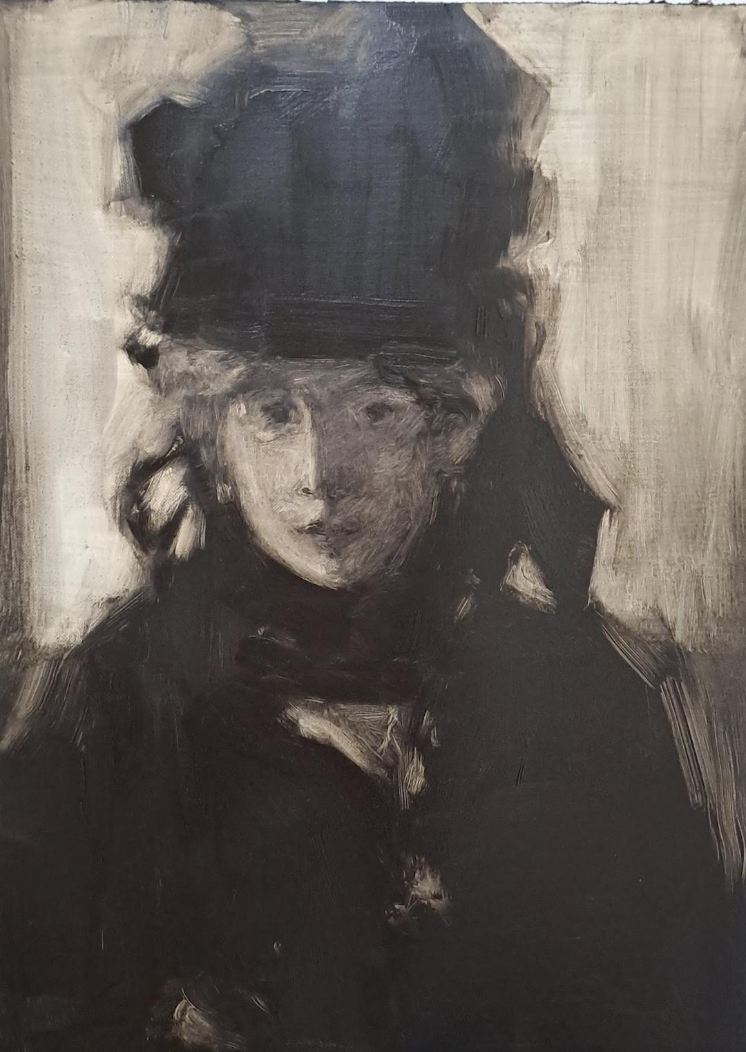 Mastercopy after Edouard Manet's Berthe Morisot, oil on primed paper, 2024