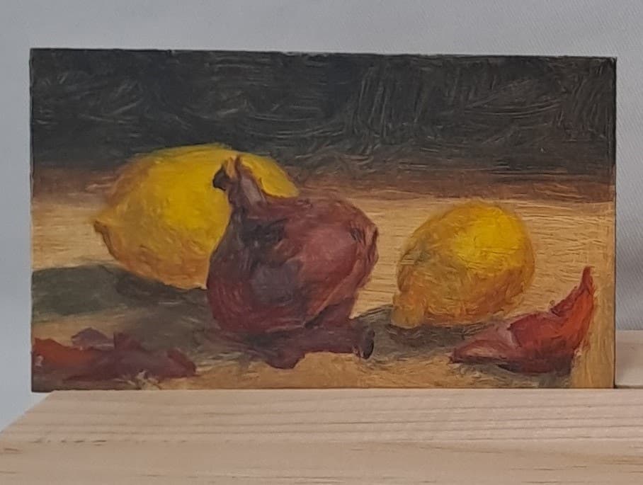 Onion and lemons, oil on board, 2022
