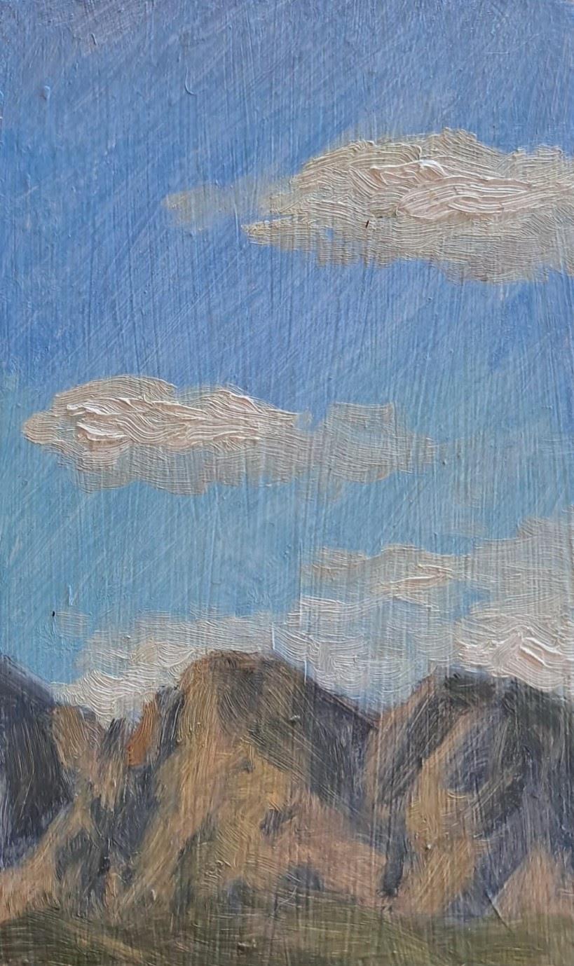 Toy story clouds, oil on board, 2026