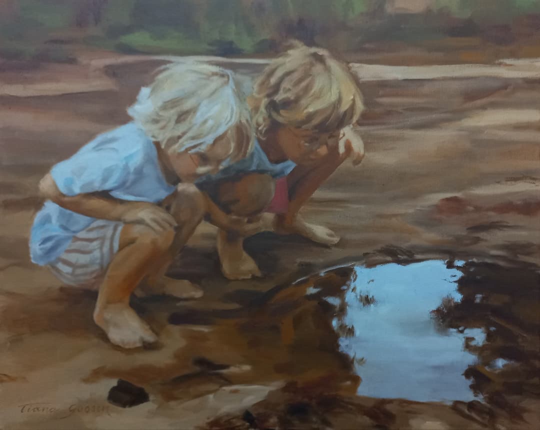 Two children playing beside a puddle, oil painting