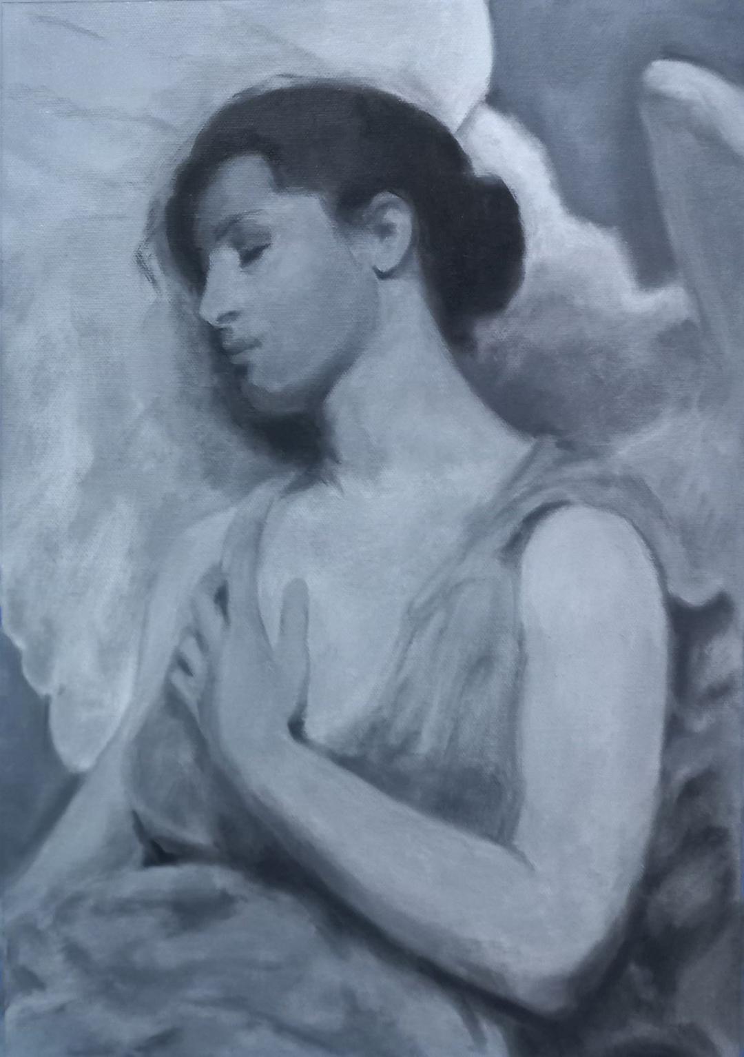 Monochrome figure study of a woman with her hand on her chest