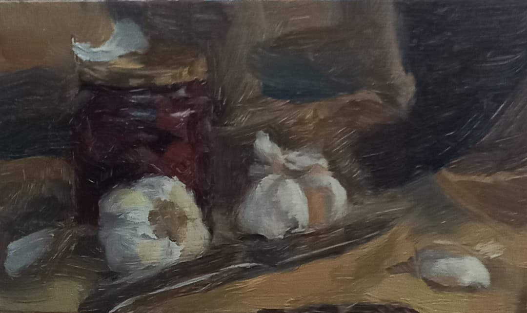 Still life with garlic bulbs and a jar, oil painting