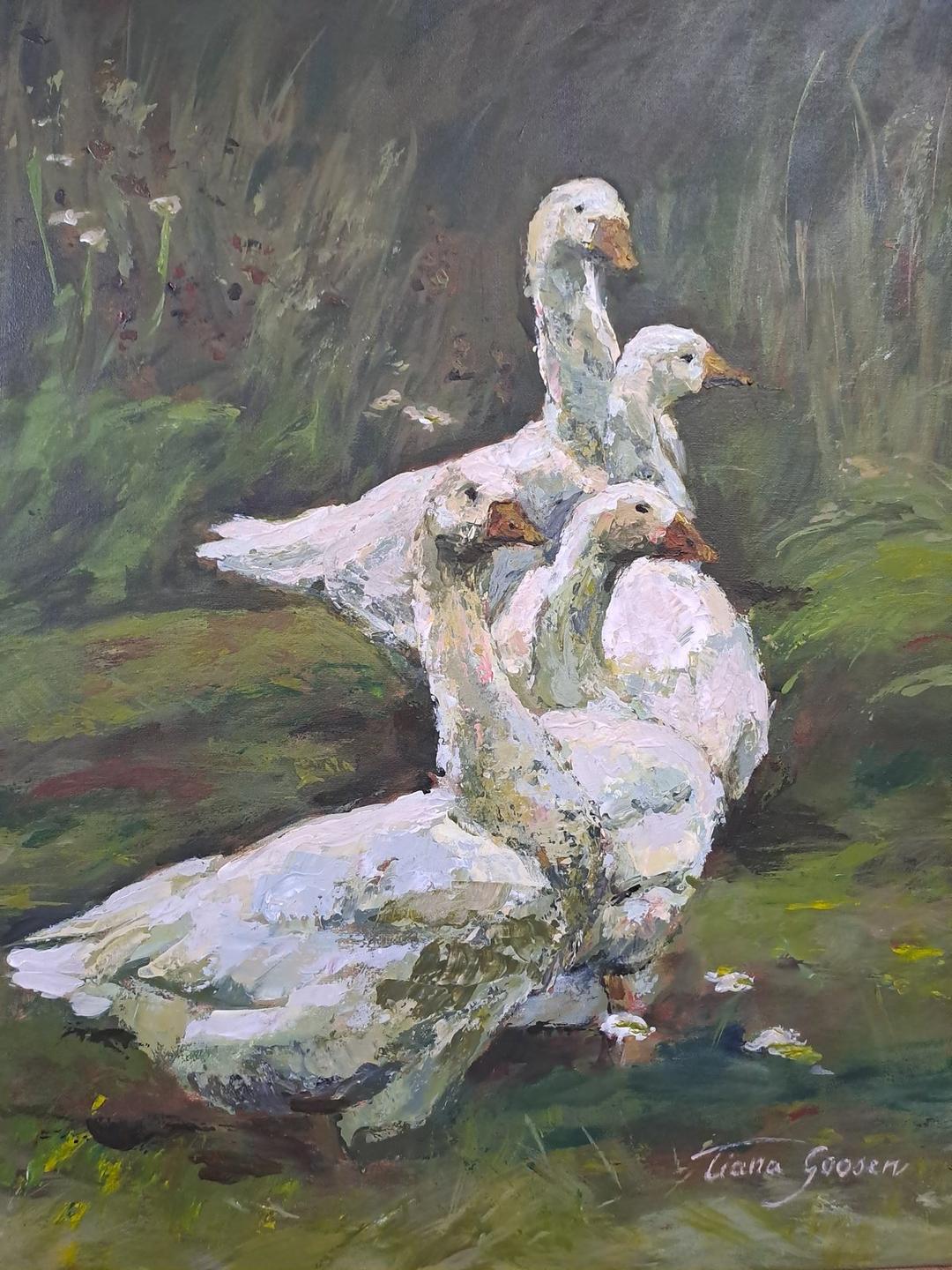 Three white geese in long grass, oil painting
