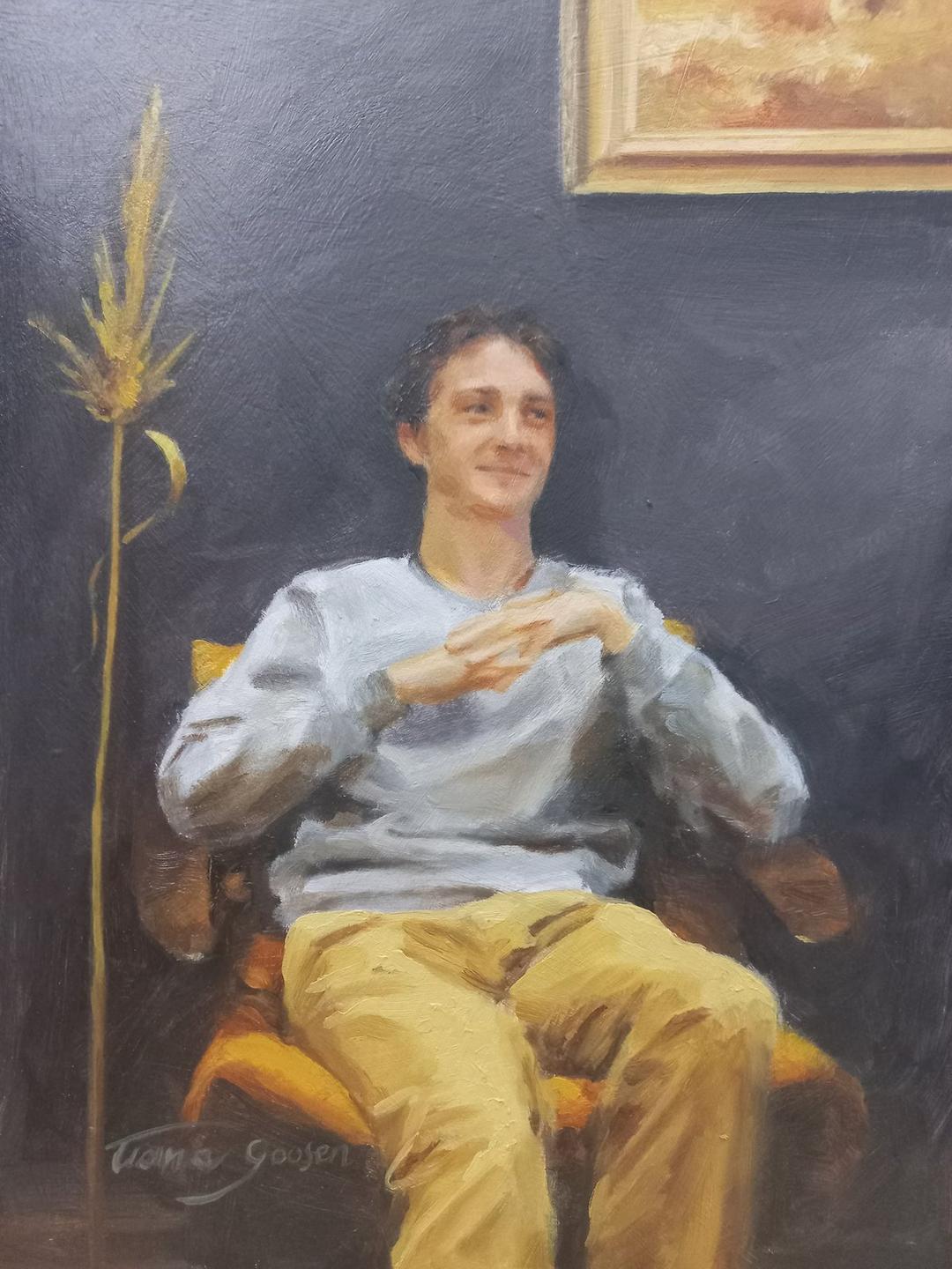Portrait of a young man seated in a yellow chair, oil painting