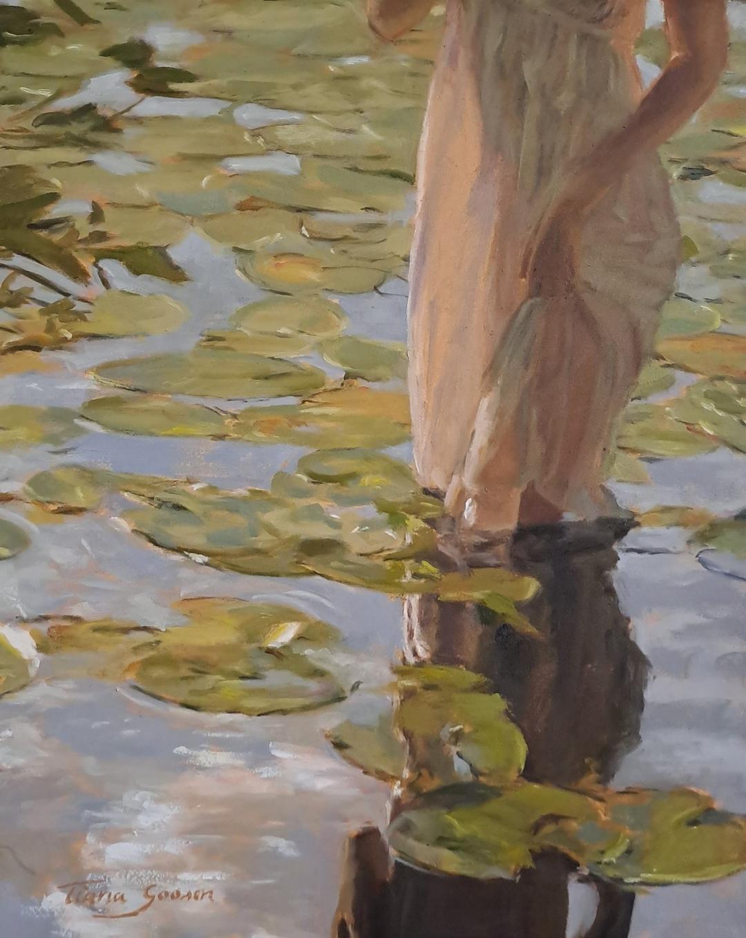 A figure standing among water lilies, oil painting